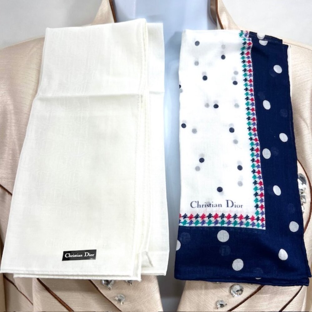 (2) New   Christian dior MiniScarf/Handker18" , silk/ cotton Bule White dott(86)